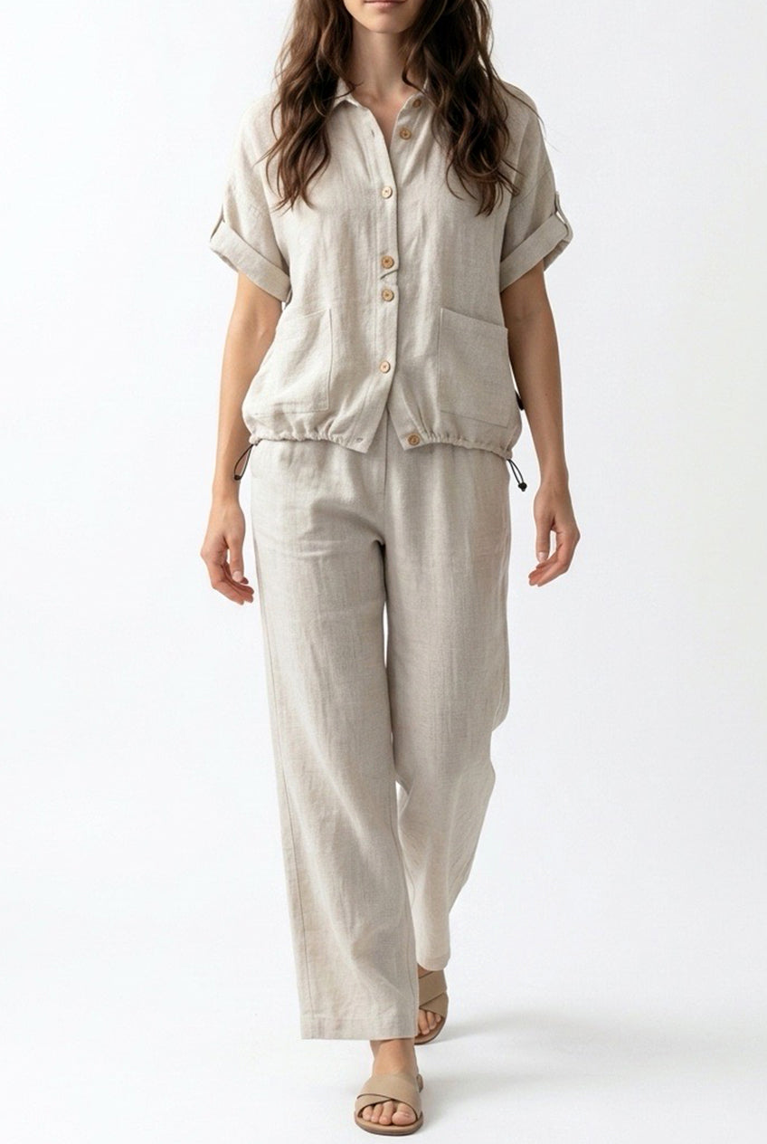 Chaqueta-Camisa de Lino Beige – Silueta Relajada y Diseño Funcional