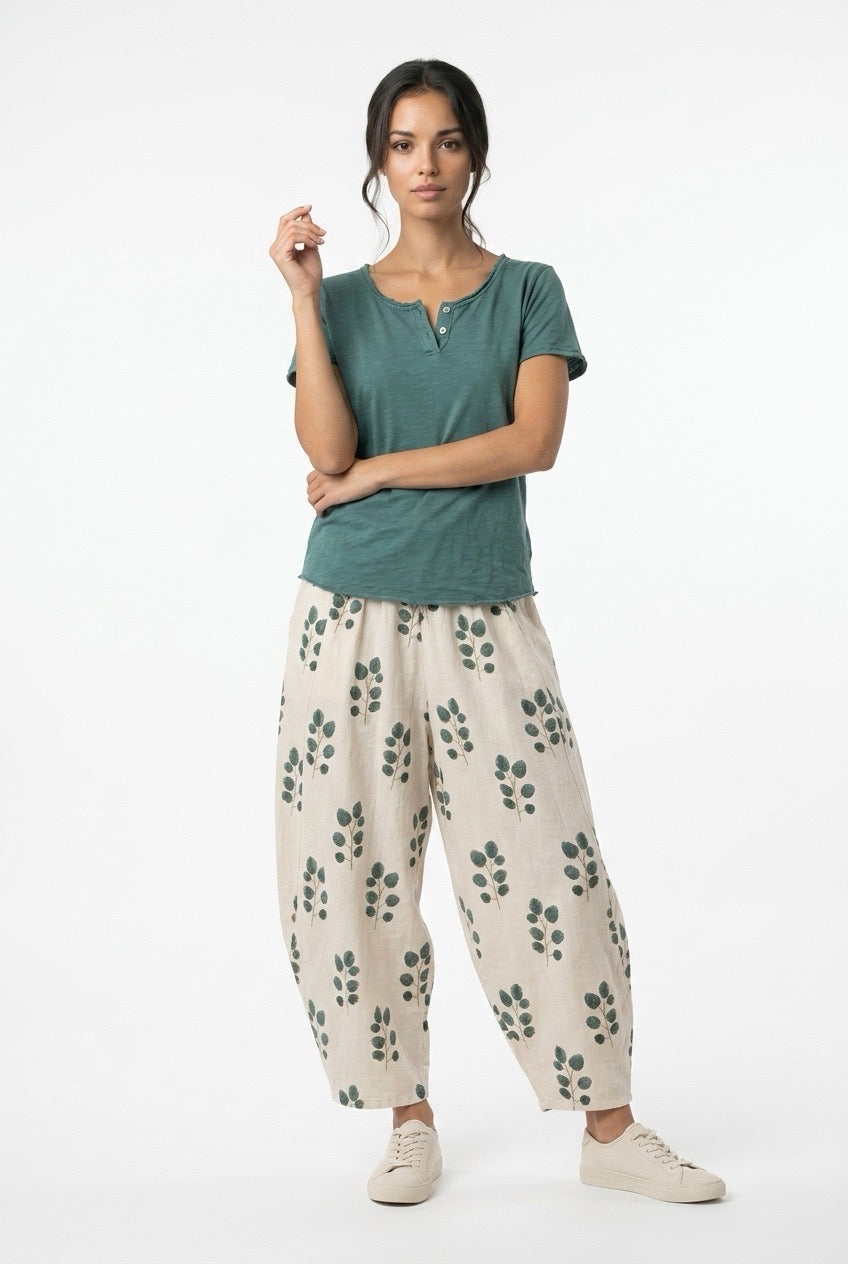 Pantalón Bombacho 100% Lino Orgánico Estampado Hojas Mujer