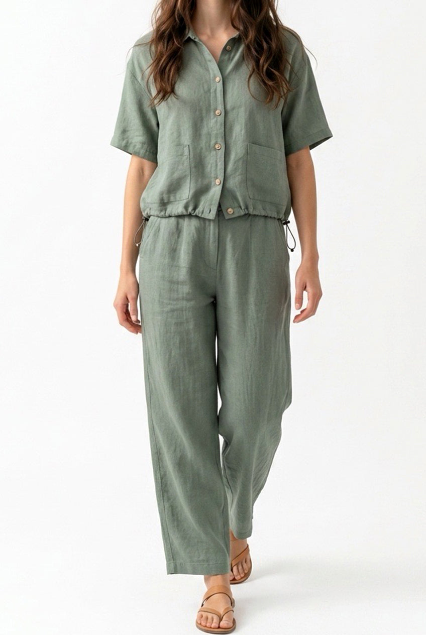 Chaqueta-Camisa de Lino Beige – Silueta Relajada y Diseño Funcional