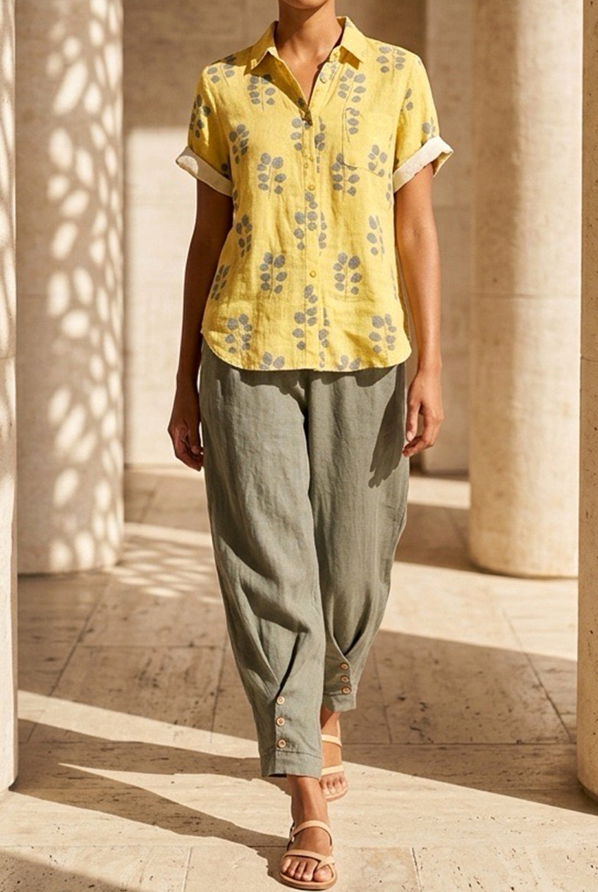 Camisa de Lino Estampado Floral Minimal – Corte Relajado