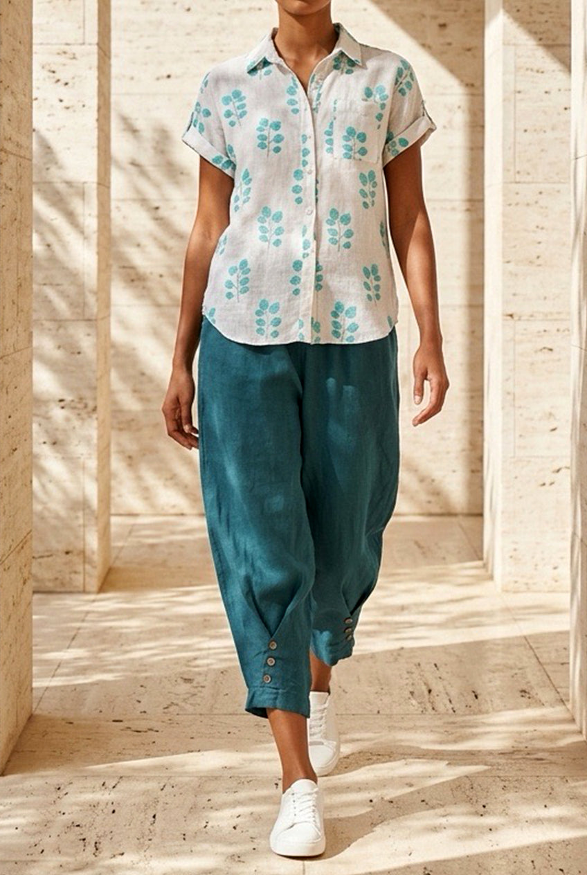 Camisa de Lino Estampado Floral Minimal – Corte Relajado