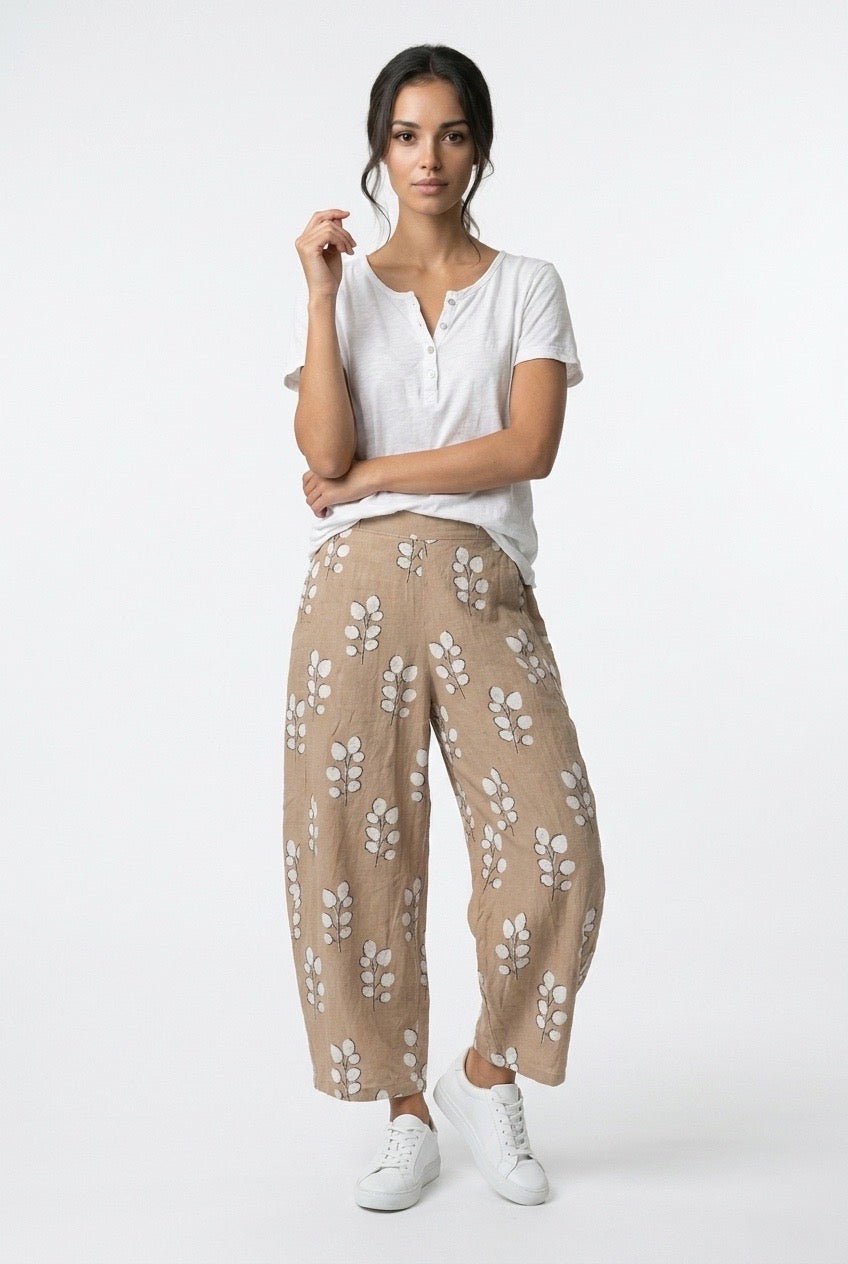 Pantalón Bombacho 100% Lino Orgánico Estampado Hojas Mujer