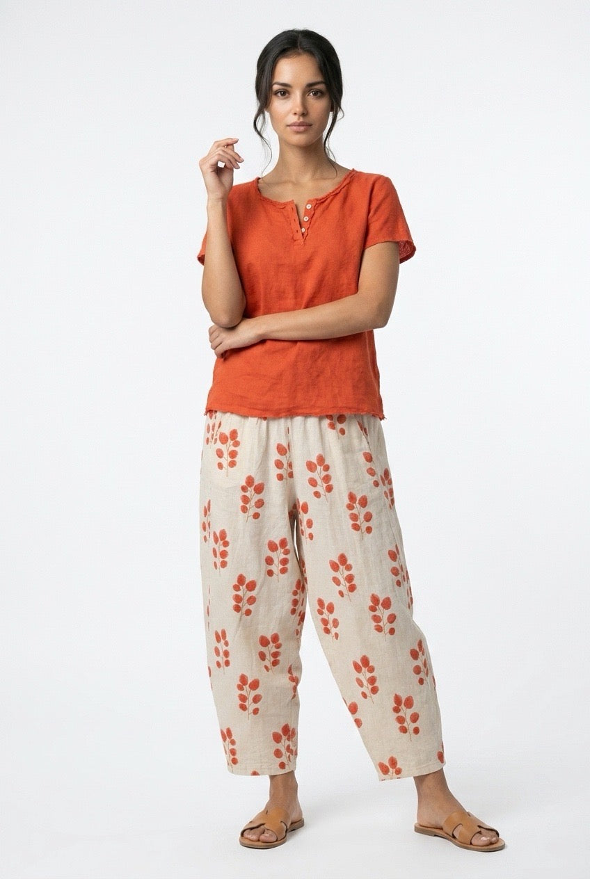 Pantalón Bombacho 100% Lino Orgánico Estampado Hojas Mujer