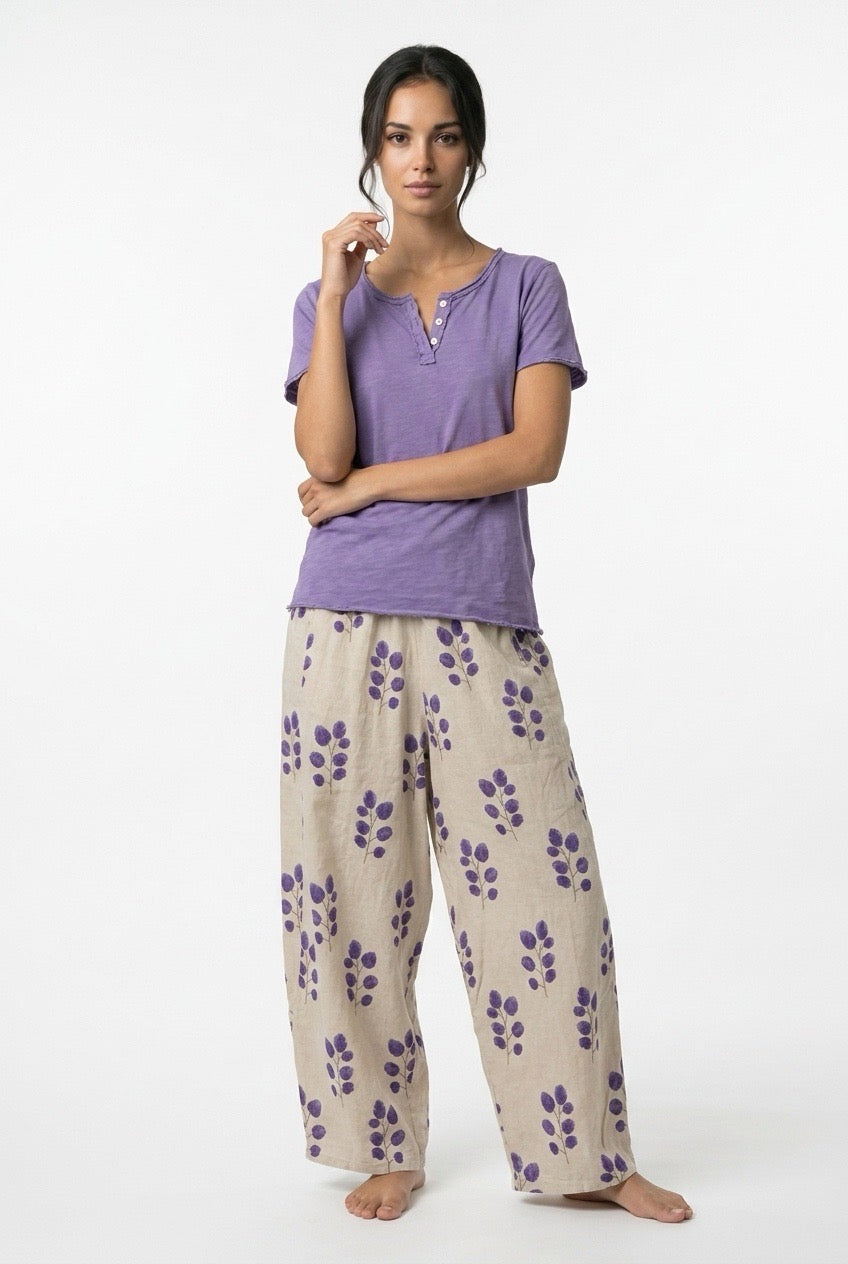 Pantalón Bombacho 100% Lino Orgánico Estampado Hojas Mujer
