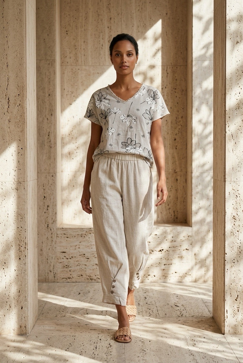 Pantalón de Lino Azul – Silueta Fluida y Estética Minimal