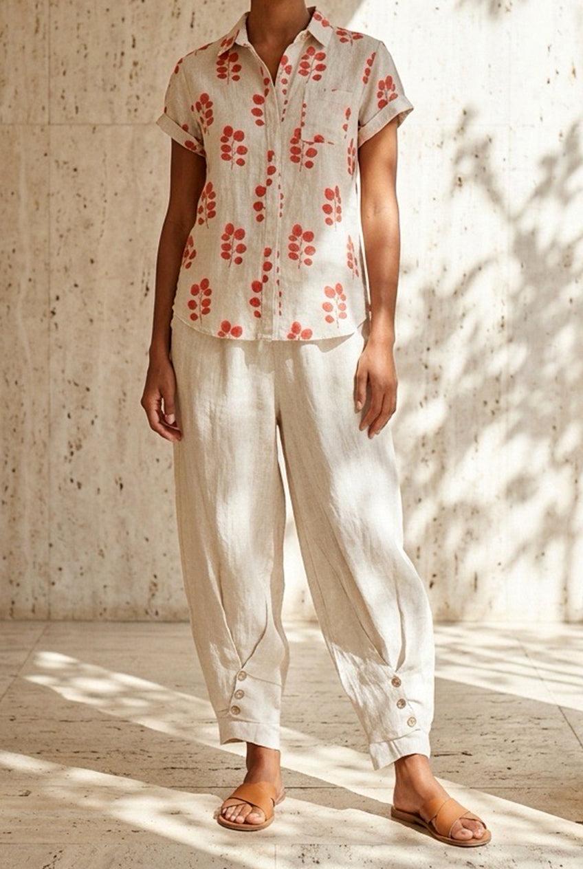 Camisa de Lino Estampado Floral Minimal – Corte Relajado