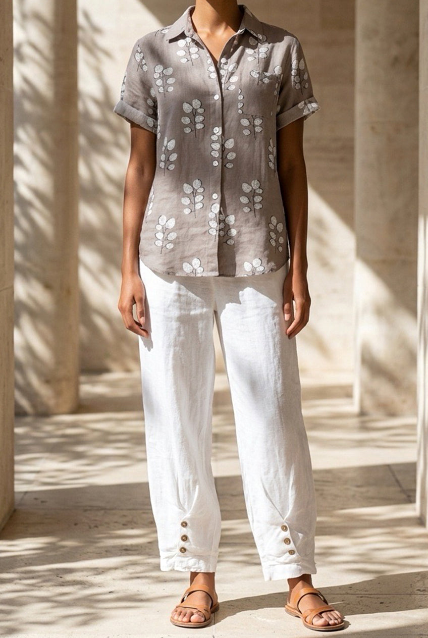 Camisa de Lino Estampado Floral Minimal – Corte Relajado